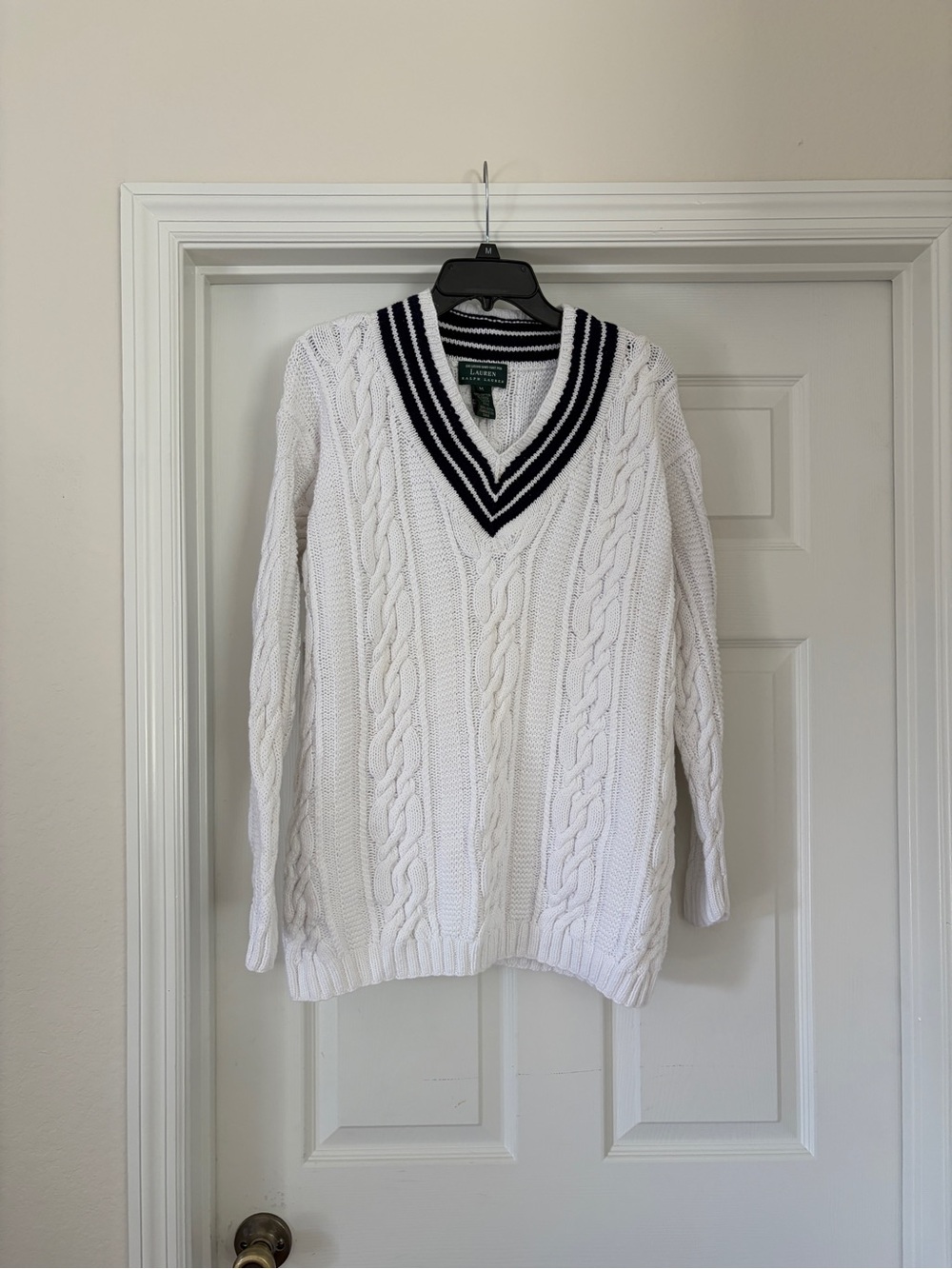 Lauren Ralph Lauren White Cable-Knit V-Neck Sweater with Navy Stripe